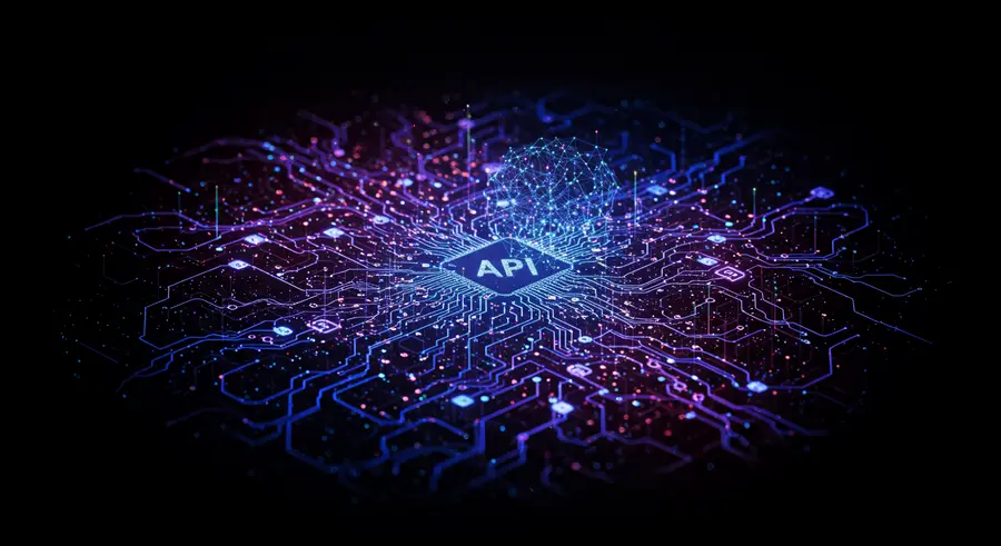 Abstract image representing the integration of Artificial Intelligence and Application Programming Interfaces, with neural network patterns overlaying interconnected digital pathways.