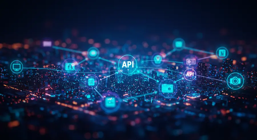 Vibrant network of interconnected digital services and applications, symbolizing an API ecosystem.