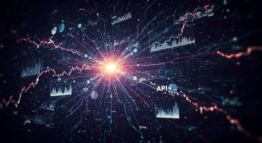 Abstract image representing financial technology and APIs, with interconnected digital lines and financial charts integrated into a network of data flow.
